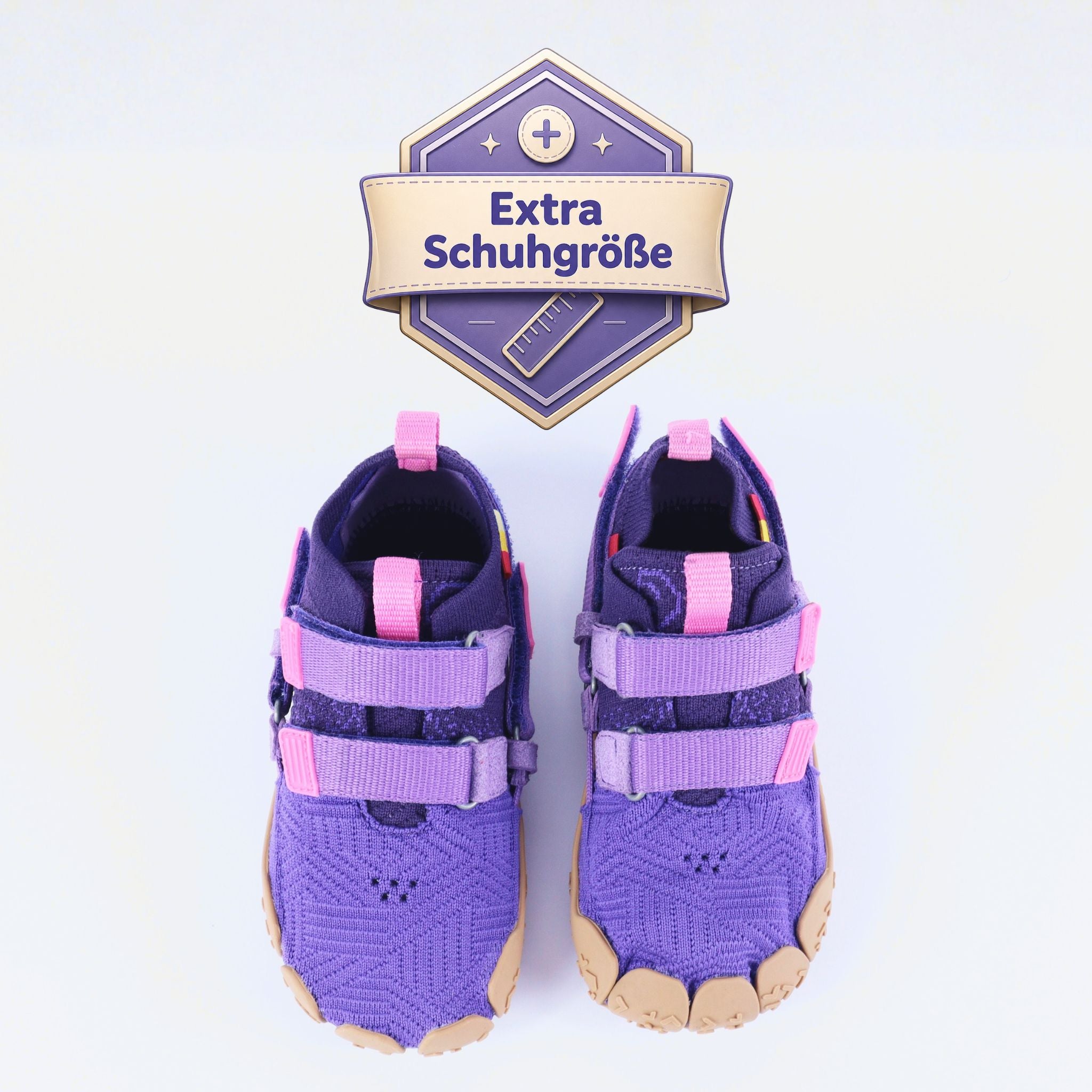 Sizeless Galaxy mitwachsender Kinderschuh in Lila mit breiter Zehenbox und flexibler Sohle deckt eine zusätzliche Schuhgröße ab