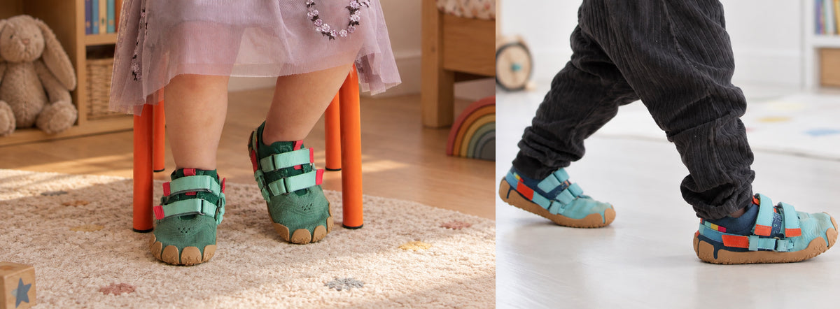 Kinder tragen Sizeless Sprout und Reef zu Hause auf Teppich und Holzboden